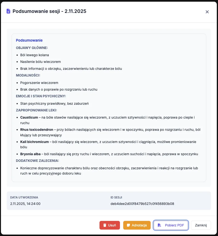 Oryginalne podsumowanie sesji w HomeoApp z uporządkowanymi sekcjami i przyciskiem Pobierz PDF